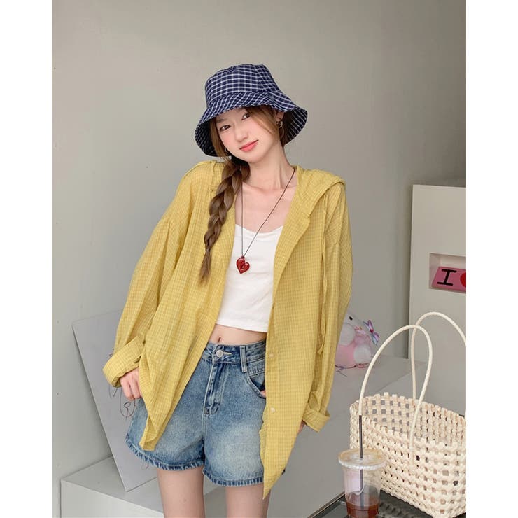 薄手 フード付きシャツ 長袖 チェック柄 紫外線対策 冷房対策 羽織 | RAKUku | 詳細画像2 