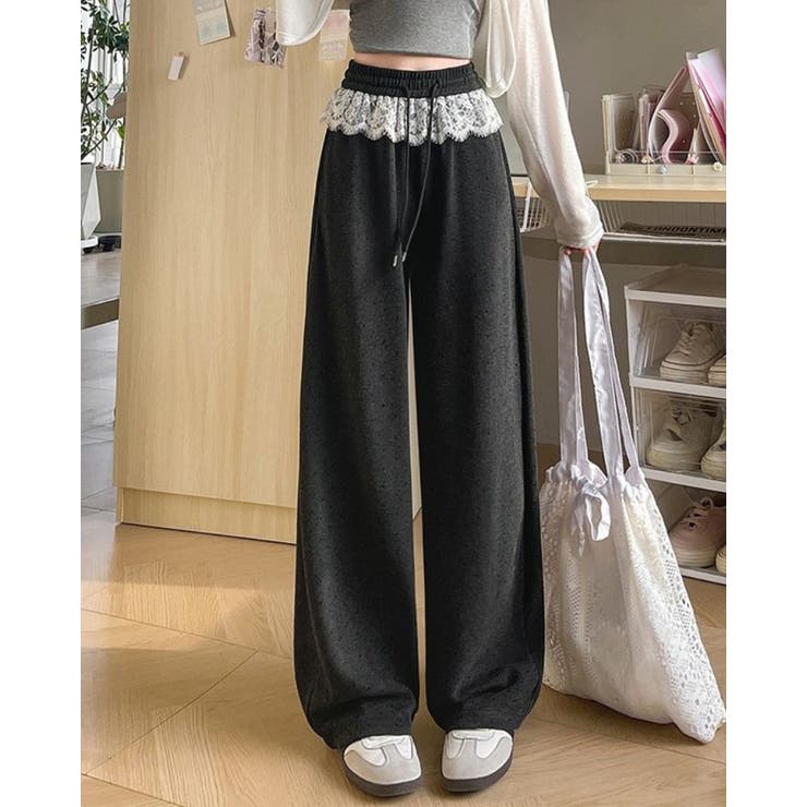レース付き ワイドパンツ レーディス ウエストゴム 春夏 韓国ファッション | RAKUku | 詳細画像3 