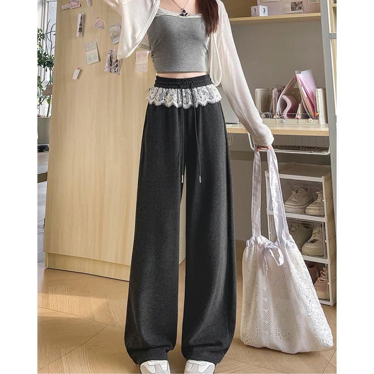 レース付き ワイドパンツ レーディス ウエストゴム 春夏 韓国ファッション | RAKUku | 詳細画像4 