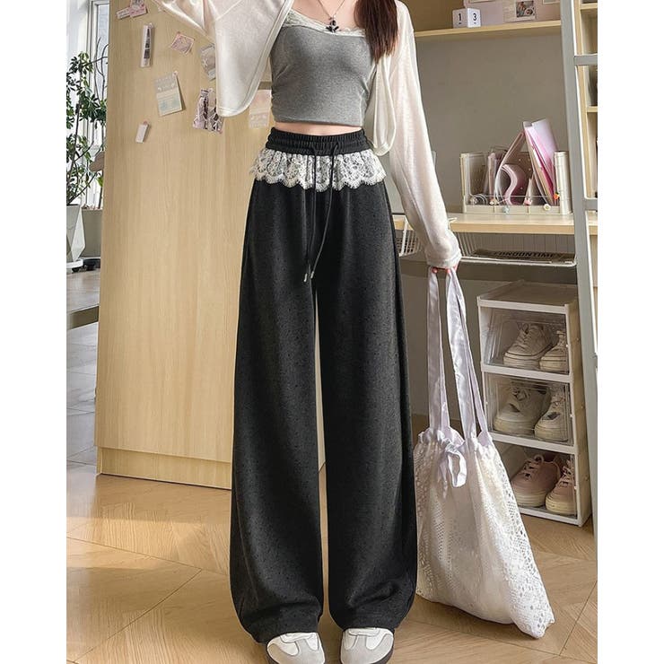 レース付き ワイドパンツ レーディス ウエストゴム 春夏 韓国