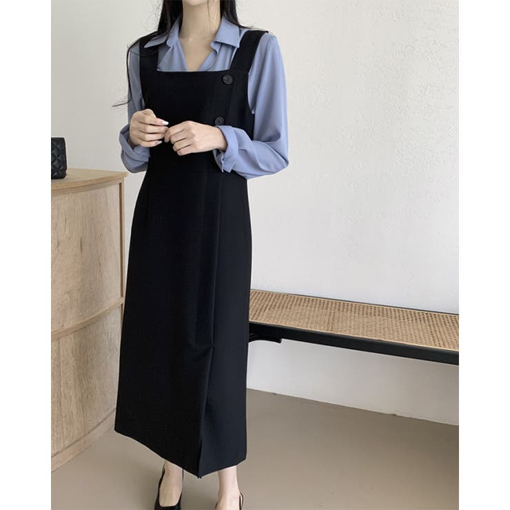 ブラック | スクエアカラーサイドボタン ワンピース ワンピー | RAKUku