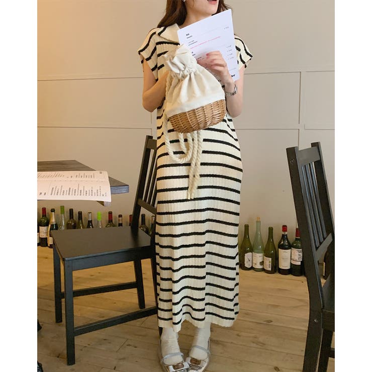 アイボリー | ボーダーサマーニット ワンピース ロングワンピース | RAKUku