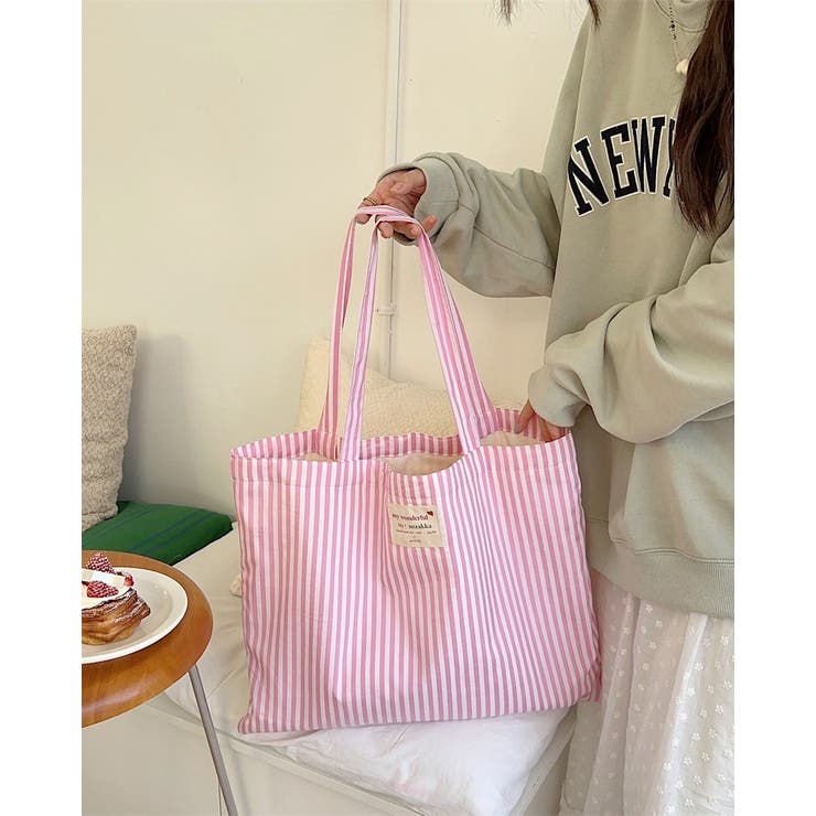 ピンク | 25ss ストライプトートバッグ サブバッグ かわいい 韓国系 パステル | RAKUku
