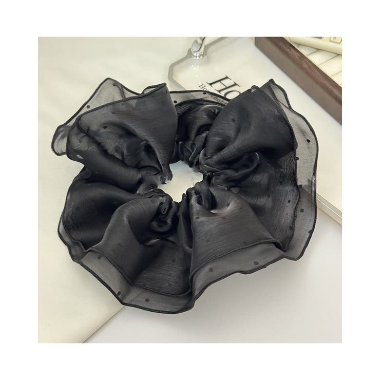 ブラック | フリルドットシュシュ ビッグフリル モノトーン 水玉 | RAKUku