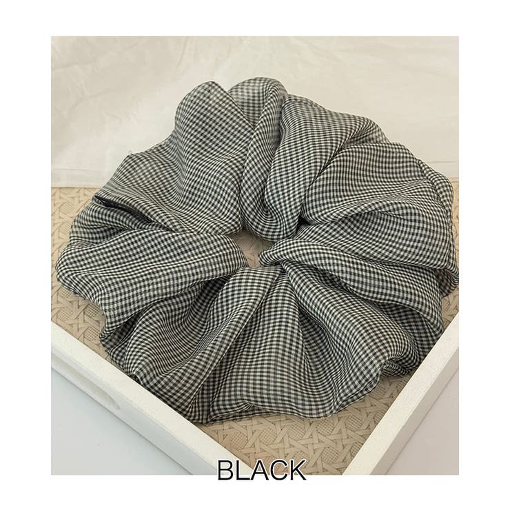 ブラック | 【4color】ふんわりギンガム ビッグシュシュ ボリュームシュシュ | RAKUku