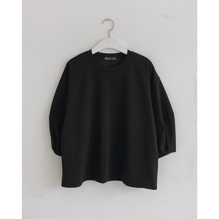 ブラック | ステッチパフスリーブラウンドトップス ７分袖 オフィス | RAKUku