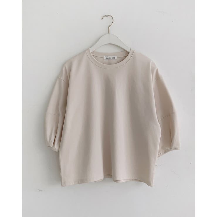 クリーム | ステッチパフスリーブラウンドトップス ７分袖 オフィス | RAKUku