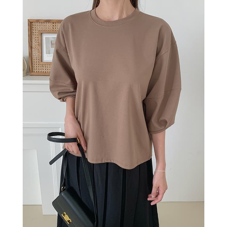 ステッチパフスリーブラウンドトップス ７分袖 オフィス | RAKUku | 詳細画像3 