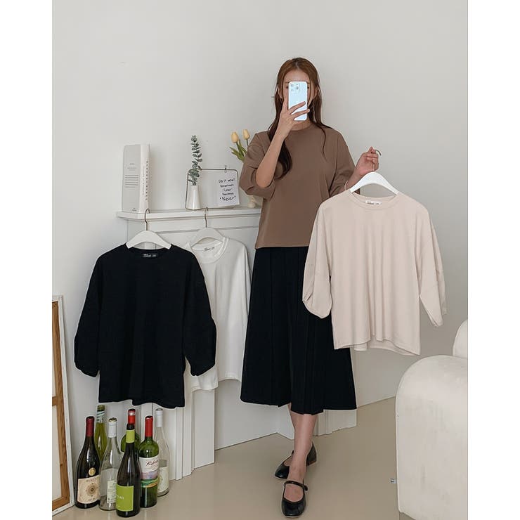 ステッチパフスリーブラウンドトップス ７分袖 オフィス | RAKUku | 詳細画像7 