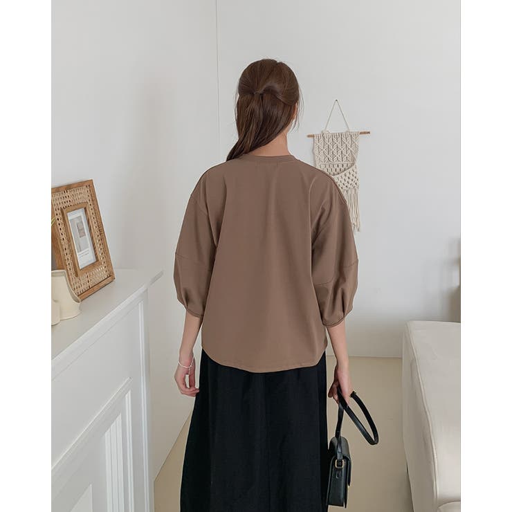 ステッチパフスリーブラウンドトップス ７分袖 オフィス | RAKUku | 詳細画像9 