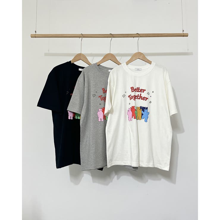 ブラック | ルーズフィットベアプリントTシャツ レタリング 半袖 | RAKUku