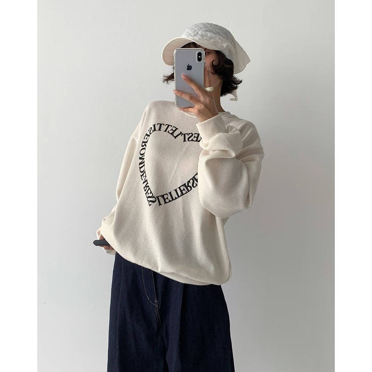 アイボリー | フロントハートレタリングニット スウェット オーバーフィット | RAKUku