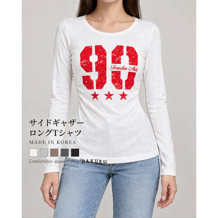 ラウンドネックサイドギャザー長袖レタリングTシャツ カットソー 韓国ファッション | RAKUku | 詳細画像1 