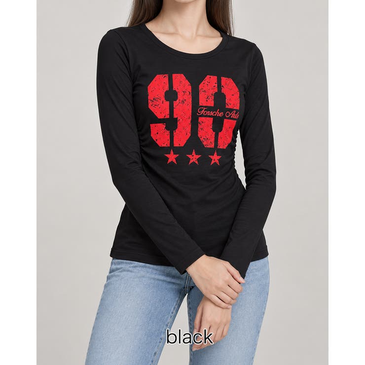 ブラック | ラウンドネックサイドギャザー長袖レタリングTシャツ カットソー 韓国ファッション | RAKUku