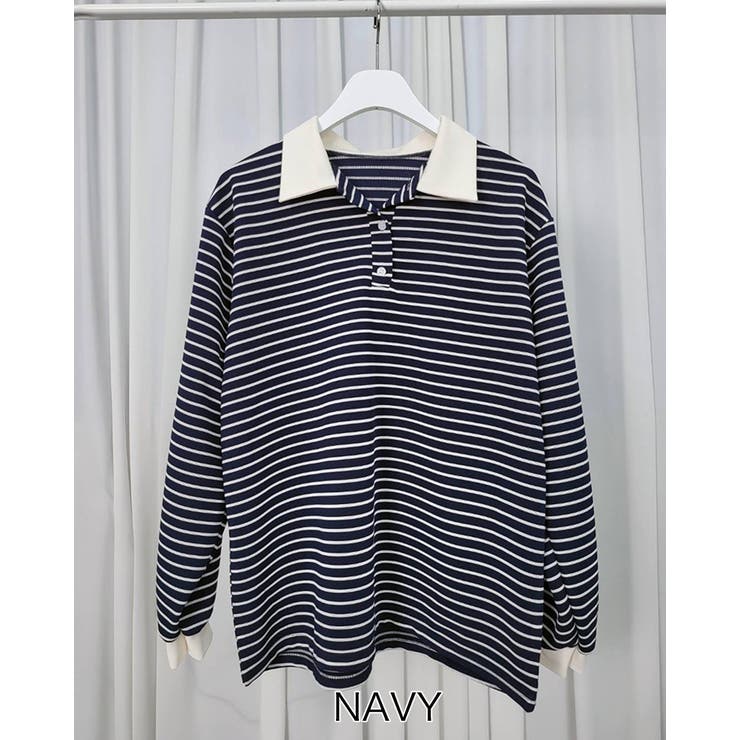 ネイビー | 4color ストライプポロシャツ ラガーシャツ | RAKUku