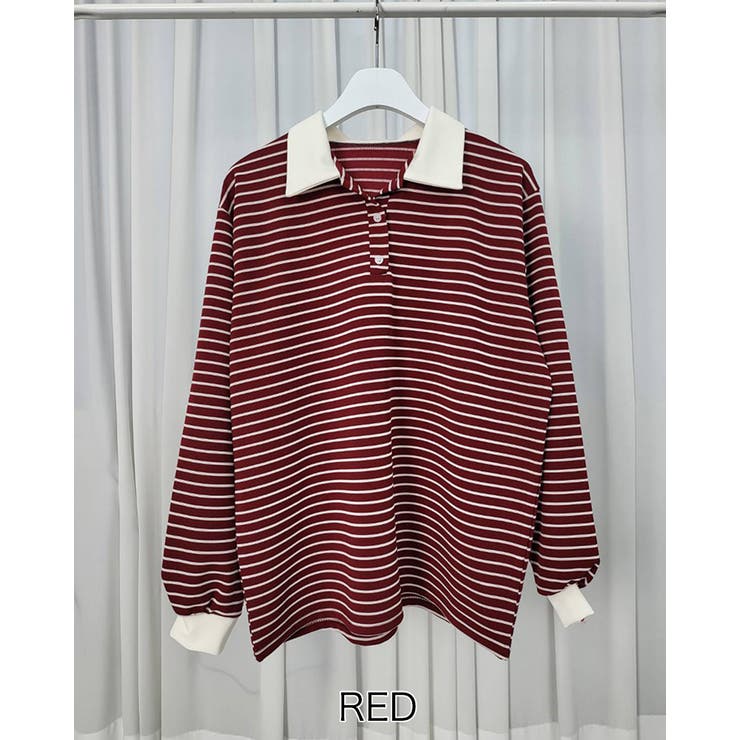レッド | 4color ストライプポロシャツ ラガーシャツ | RAKUku