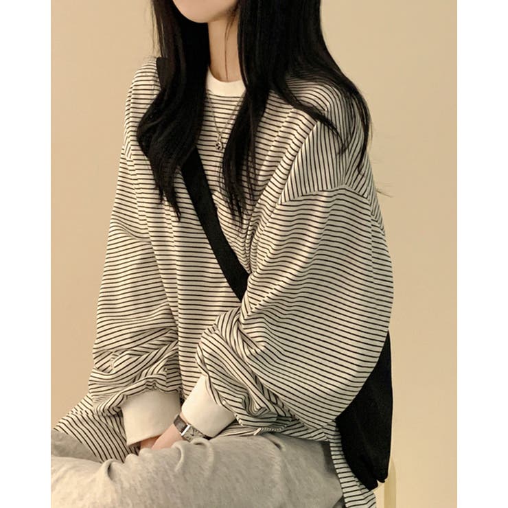 ホワイト | 2color ボーダーラウンドカットソー トップス | RAKUku