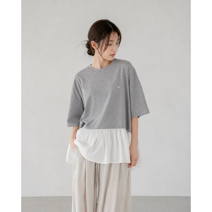 グレー | 【3color】 裾フレア切替オーバーTシャツ 半袖 | RAKUku
