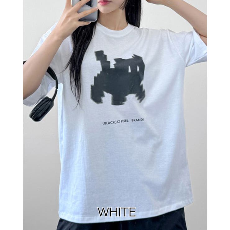 ホワイト | 【3color】ピクセルキャット グラフィック ビッグTシャツ | RAKUku