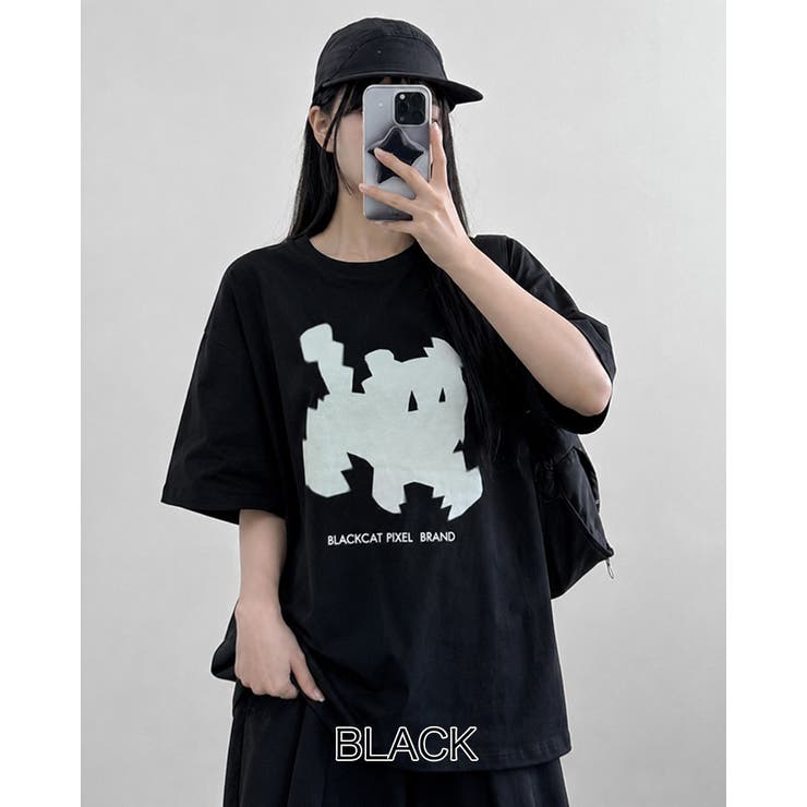 ブラック | 【3color】ピクセルキャット グラフィック ビッグTシャツ | RAKUku