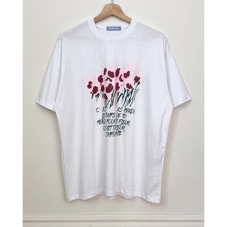 ホワイト | 【3color】 フラワーアートプリント ゆるシルエット半袖Tシャツ | RAKUku