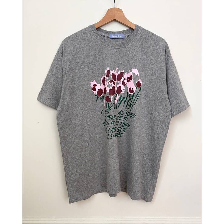 グレー | 【3color】 フラワーアートプリント ゆるシルエット半袖Tシャツ | RAKUku