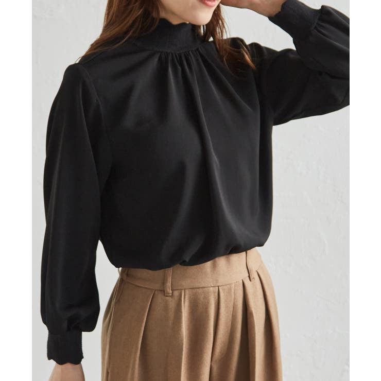 ブラック | スカラップリブニット使いブラウス | RANAN