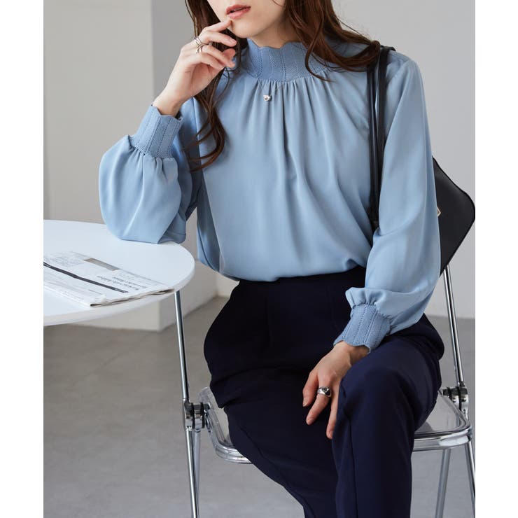 ブルーグレー | スカラップリブニット使いブラウス | RANAN