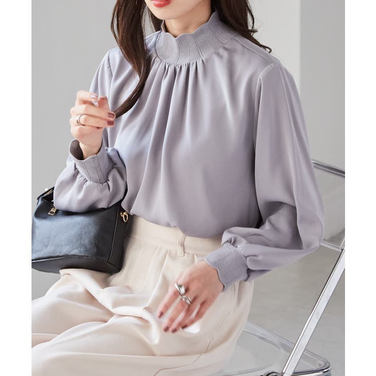 グレー | スカラップリブニット使いブラウス | RANAN