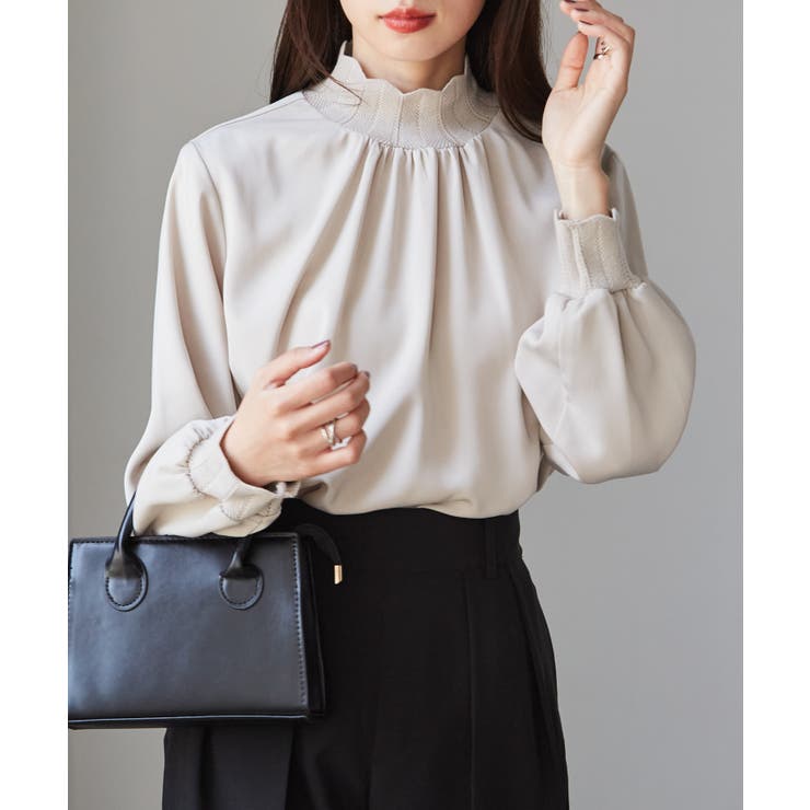 ライトグレージュ | スカラップリブニット使いブラウス | RANAN