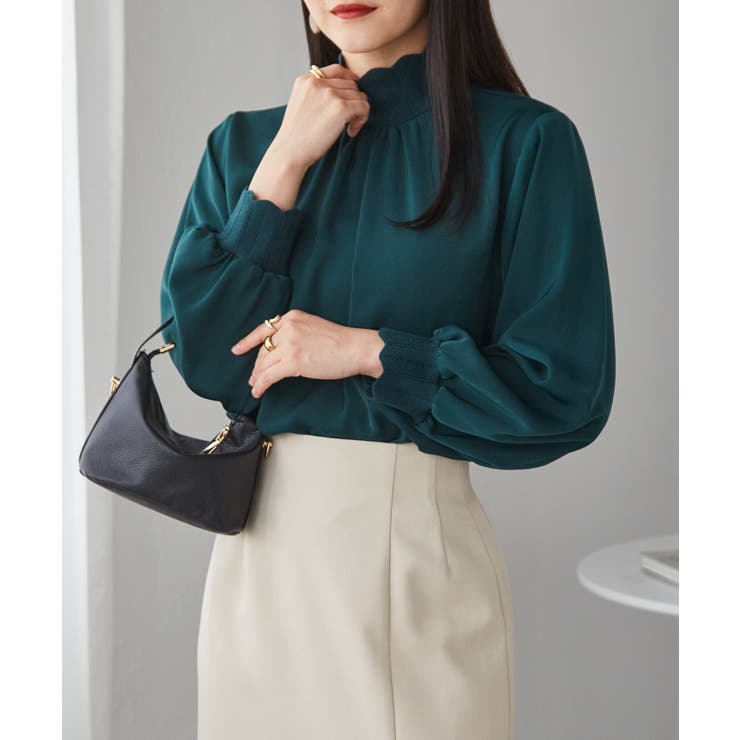 モスグリーン | スカラップリブニット使いブラウス | RANAN