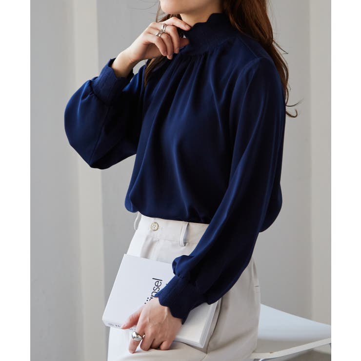 ネイビー | スカラップリブニット使いブラウス | RANAN