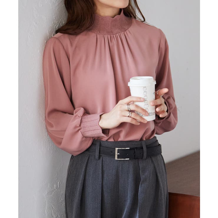 ピンク | スカラップリブニット使いブラウス | RANAN