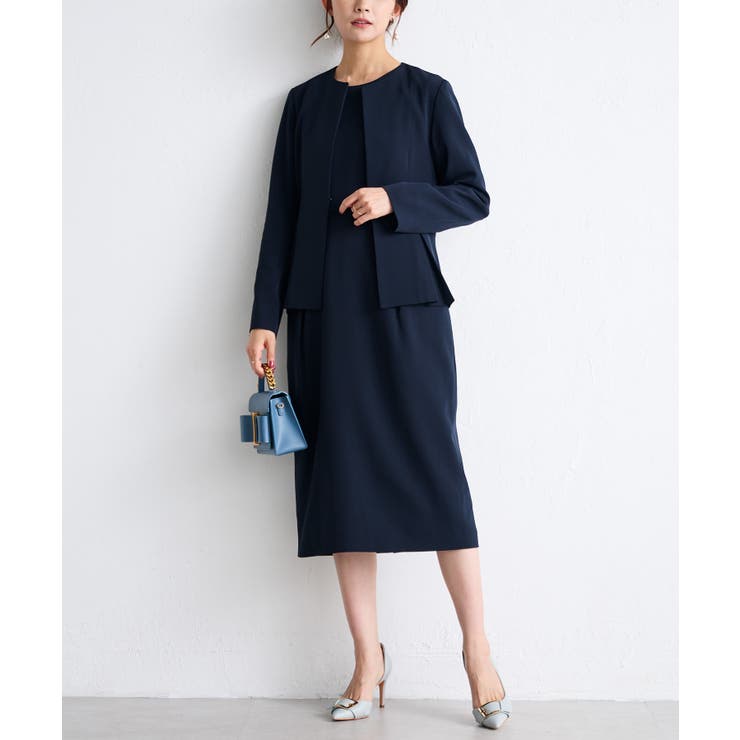ネイビーブラック | [2点SET]ペプラムジャケット＋ワンピースセットアップ | RANAN