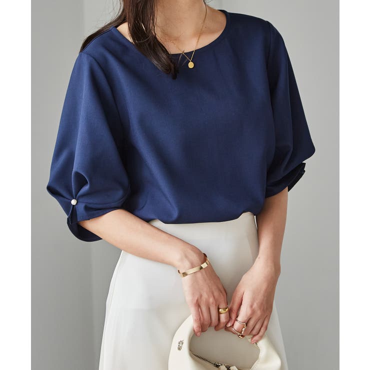 ネイビー | 袖タックデザインきれい見えブラウス | RANAN