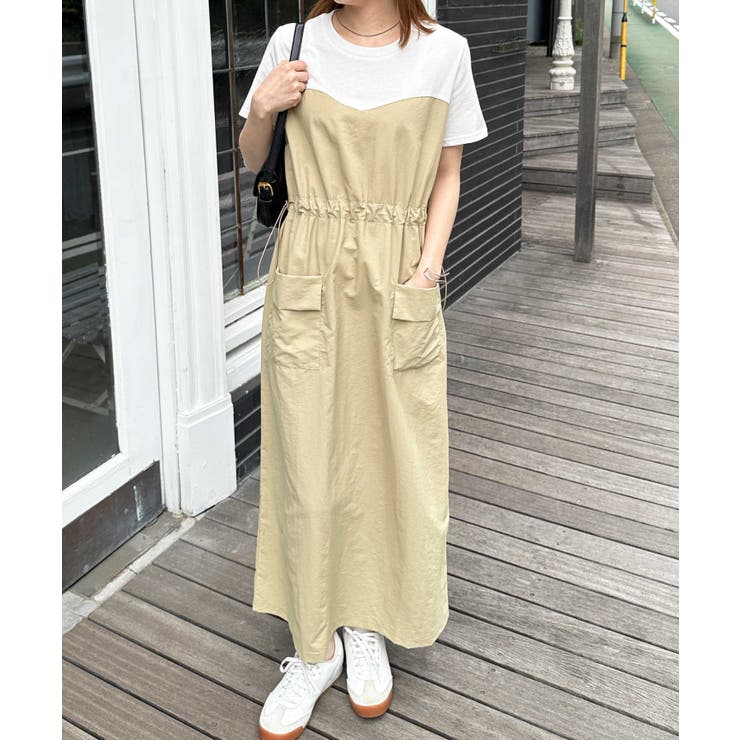 オフホワイトベージュ | 【M～3Lサイズ展開】ワークデザインドッキングワンピース | RANAN
