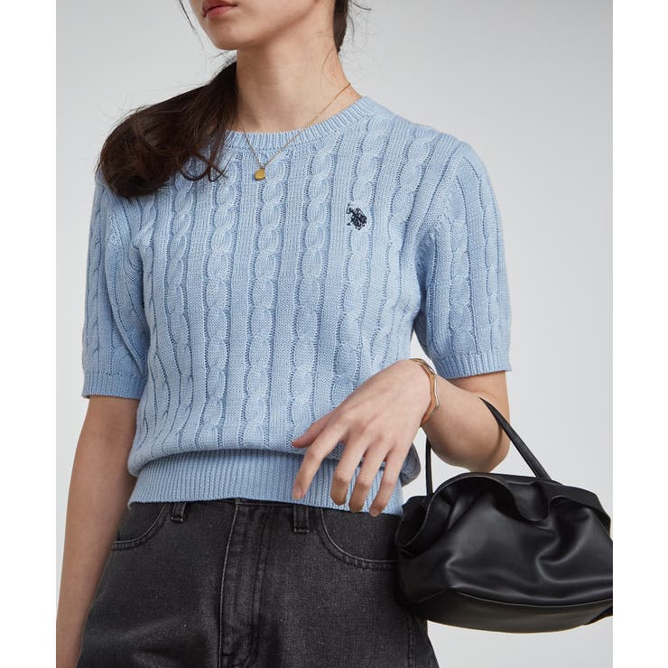 ブルー | ＜Ｕ．Ｓ．ＰＯＬＯＡＳＳＮ．＞ワンポイント半袖ケーブルニット | RANAN