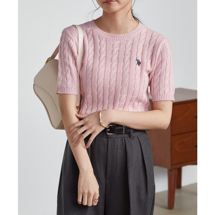 ピンク | ＜Ｕ．Ｓ．ＰＯＬＯＡＳＳＮ．＞ワンポイント半袖ケーブルニット | RANAN