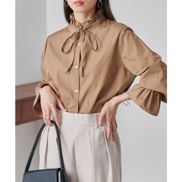 ベージュ | プチフリルリボン付きブラウス | RANAN