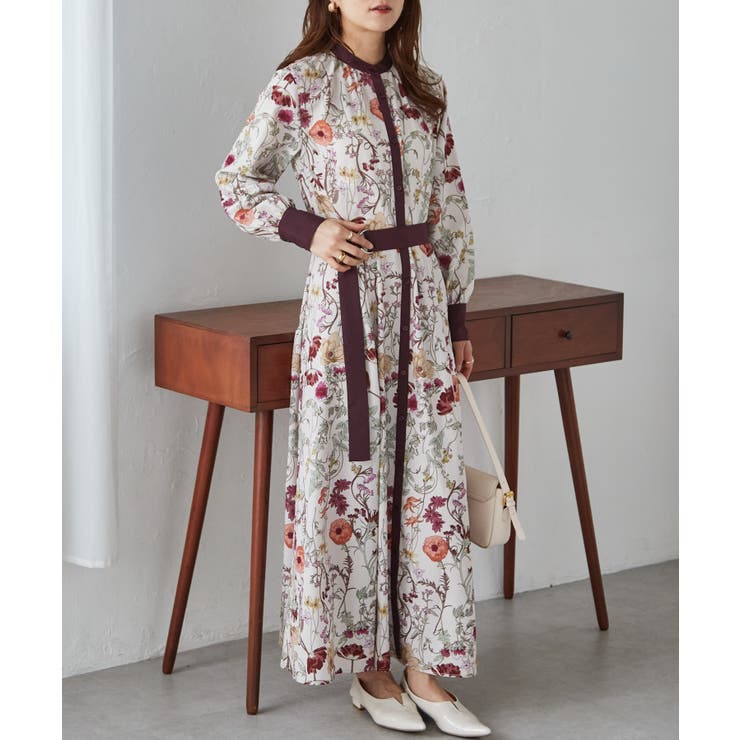 ピンクベージュケイ | 配色ボタニカルシャツワンピース | RANAN