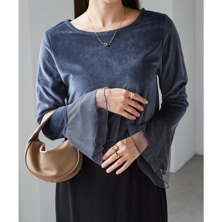 グレー | チュールフレアー袖ベロアプルオーバー | RANAN