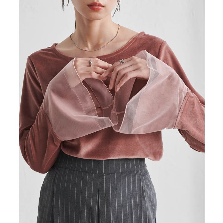 ピンク | チュールフレアー袖ベロアプルオーバー | RANAN