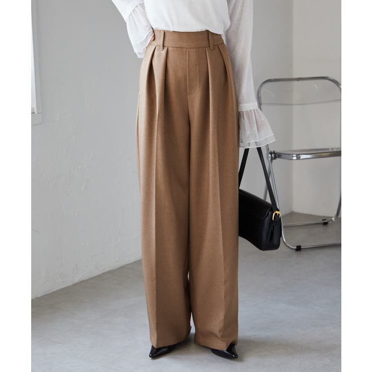 Fashiru ブラウン　タックワイドコットンパンツ サイズ2 ウーリッシュポリ2タックワイドパンツ[品番：RANW0000034]｜RANAN