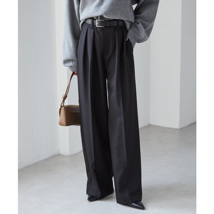 ブラック73 | 【選べる股下】ウール調センタープレスタックワイドパンツ | RANAN