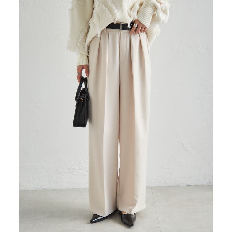 アイボリー68 | 【選べる股下】ウール調センタープレスタックワイドパンツ | RANAN