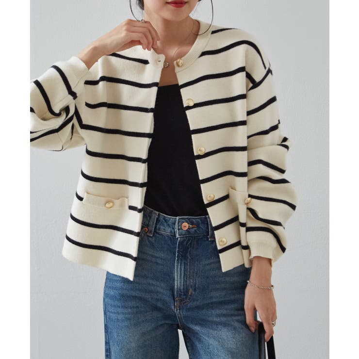 ボーダー | ゴールド調ボタンニットカーディガン | RANAN