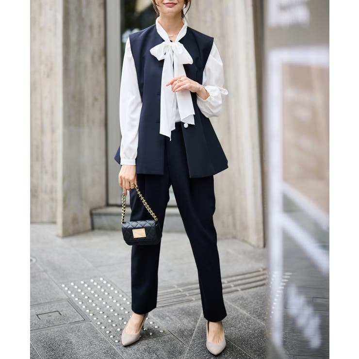 ネイビー | ＜２点セット＞ペプラムベストセットアップ | RANAN