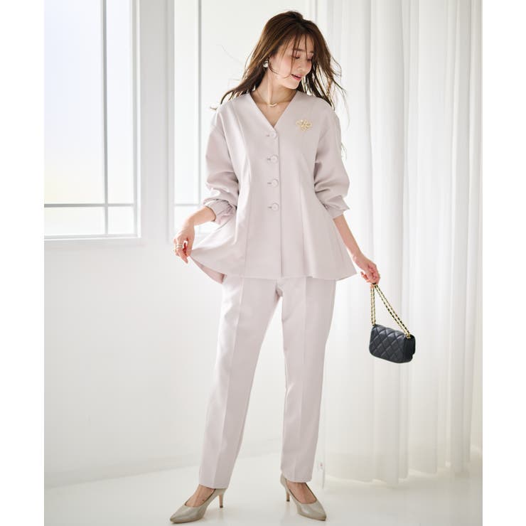 【2点セット】洗える 防シワＶネックペプラムトップステーパードパンツセットアップ | RANAN | 詳細画像14 