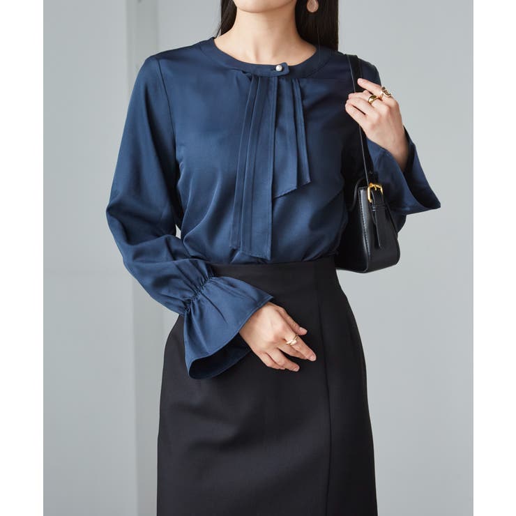 ネイビー | パール付きボウタイブラウス | RANAN