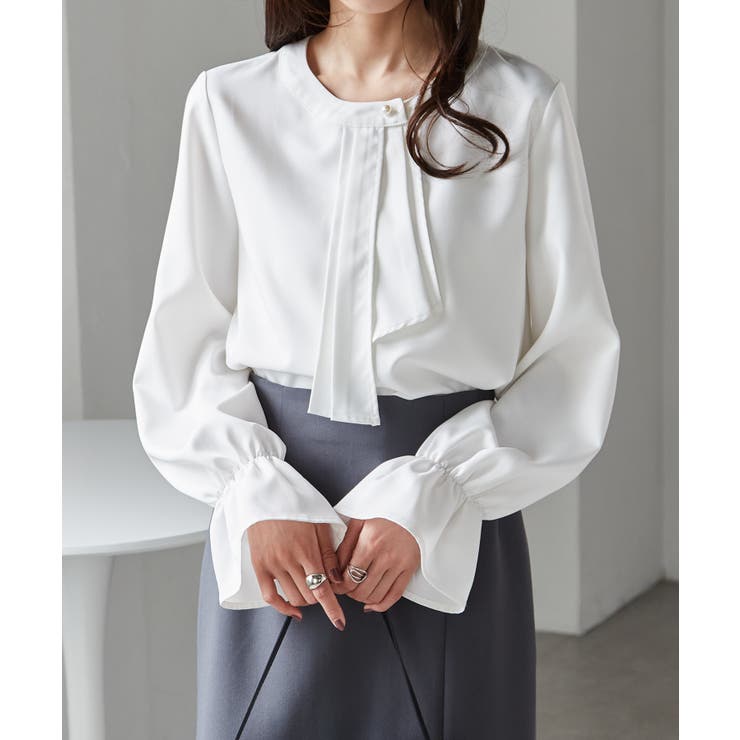 ホワイト | パール付きボウタイブラウス | RANAN